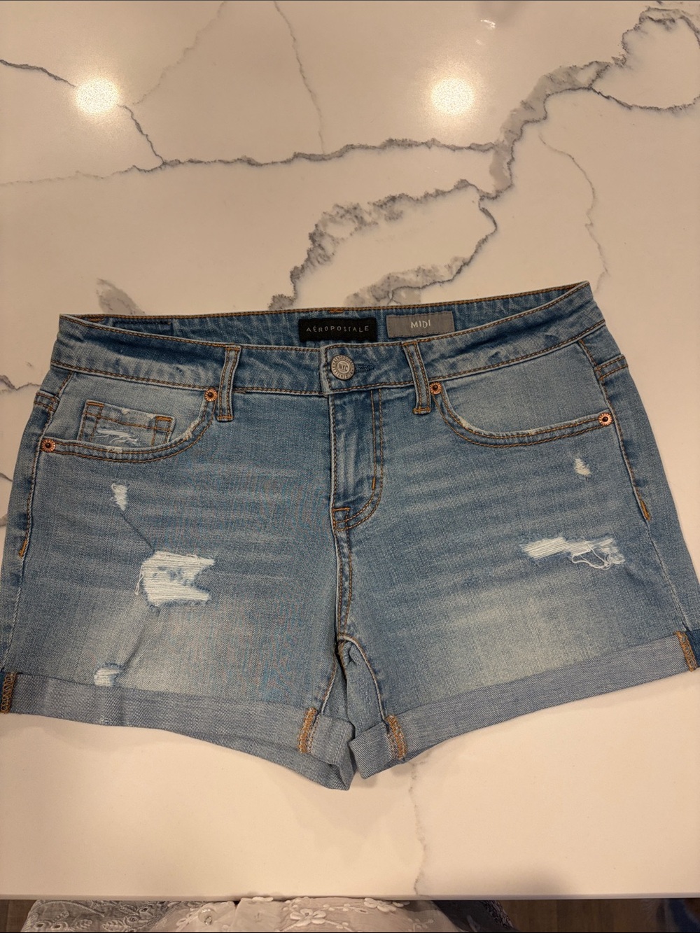 Aeropostale Light Blue Distressed Denim midi Shorts